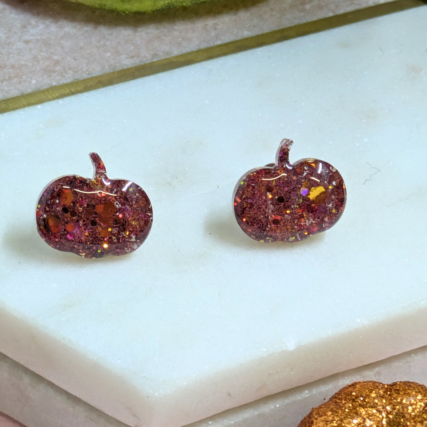 Glitter Pumpkin Resin Stud Earrings