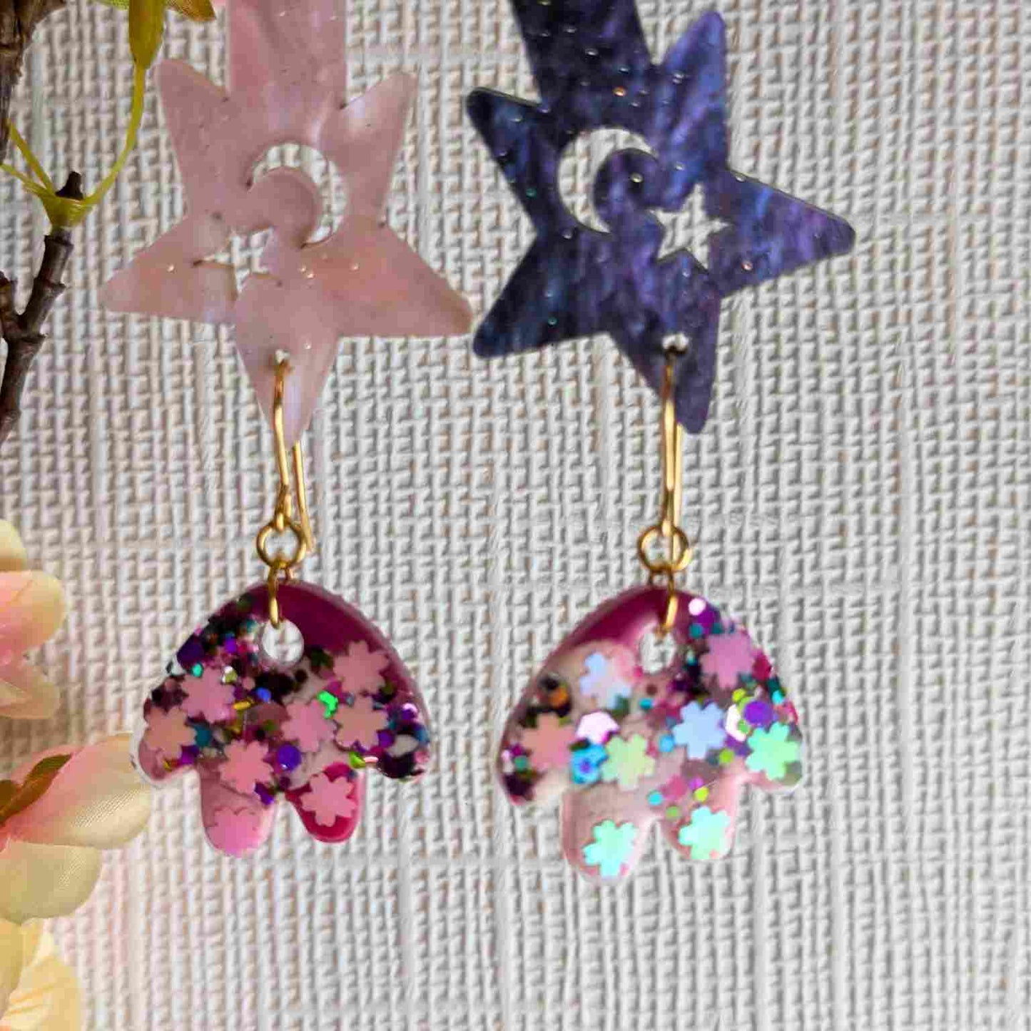 Renee Pink Glitter Petal Dangle Earrings - Handmade Floral Jewellery UK