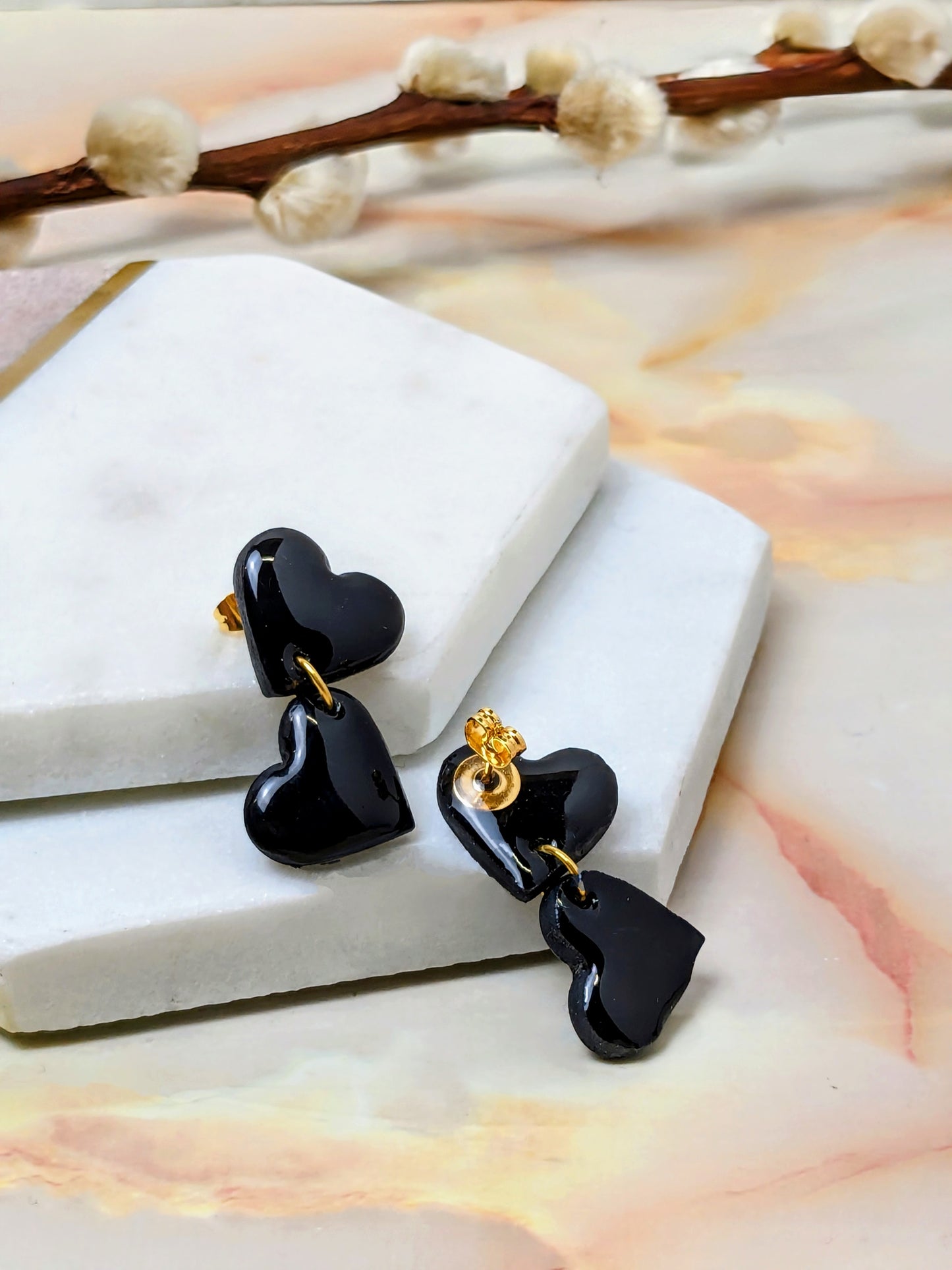 Amy Dangle Earrings - 2 Heart Polymer Clay Mini Dangles - Handmade Yorkshire