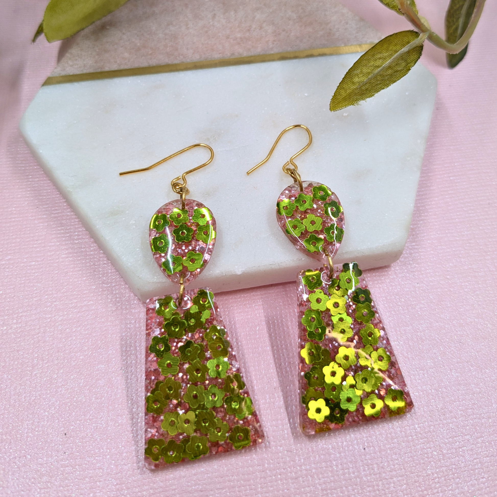 Resin Dangle Earrings with Green Flower Sequins and Pink Glitter