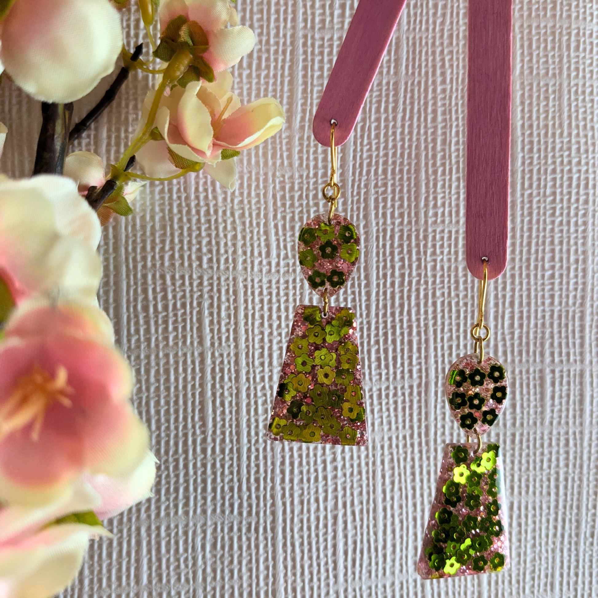 Resin Dangle Earrings with Green Flower Sequins and Pink Glitter