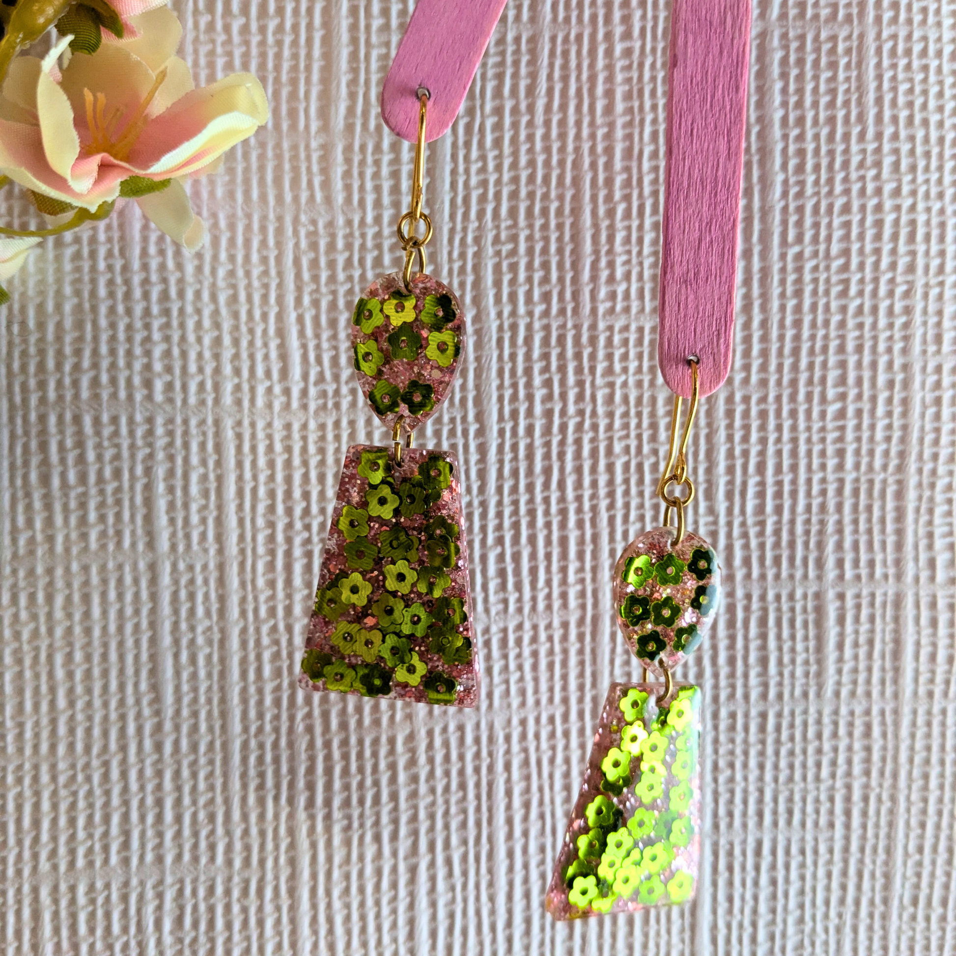 Resin Dangle Earrings with Green Flower Sequins and Pink Glitter