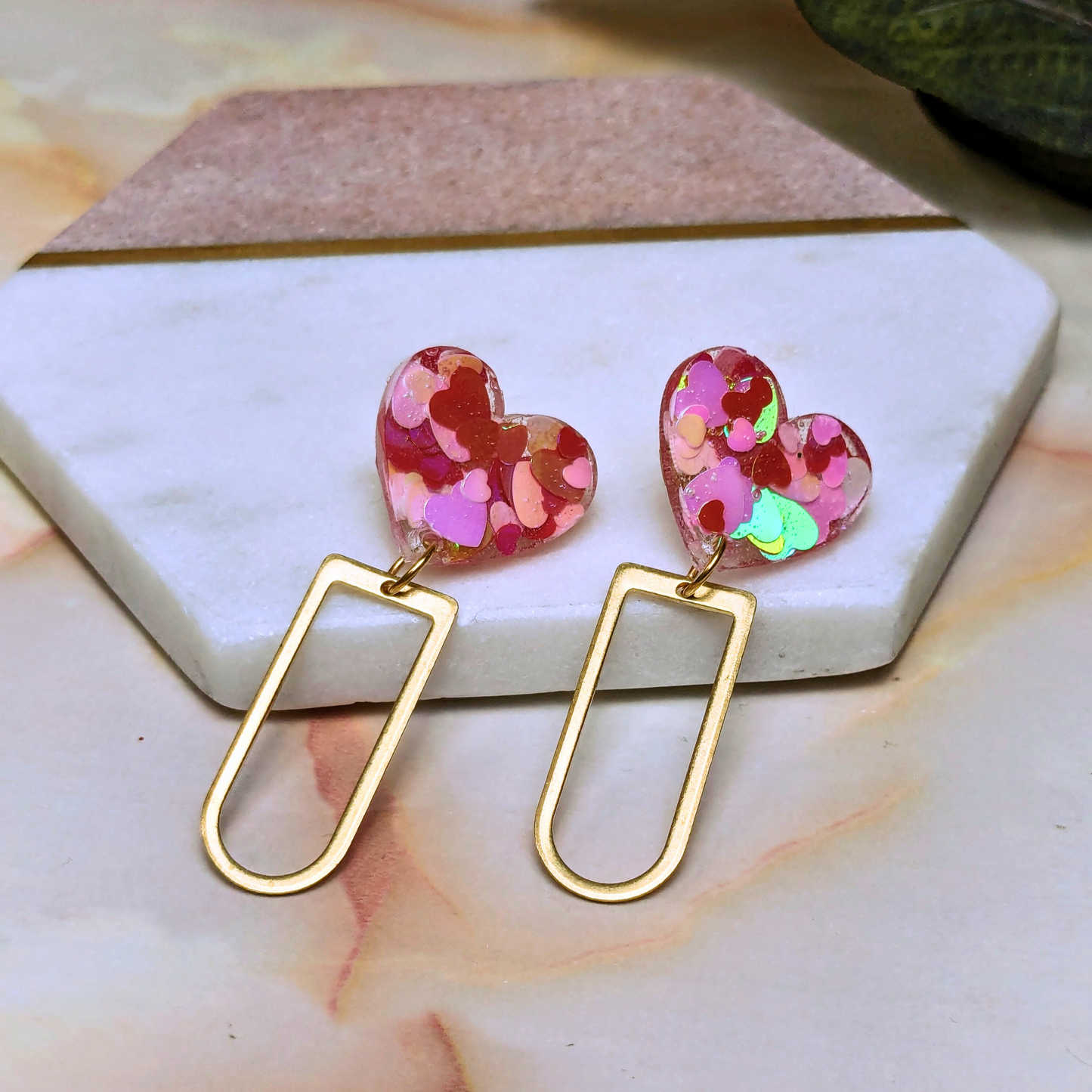 "Candy" Heart Confetti Glitter Heart Earrings with D Charm