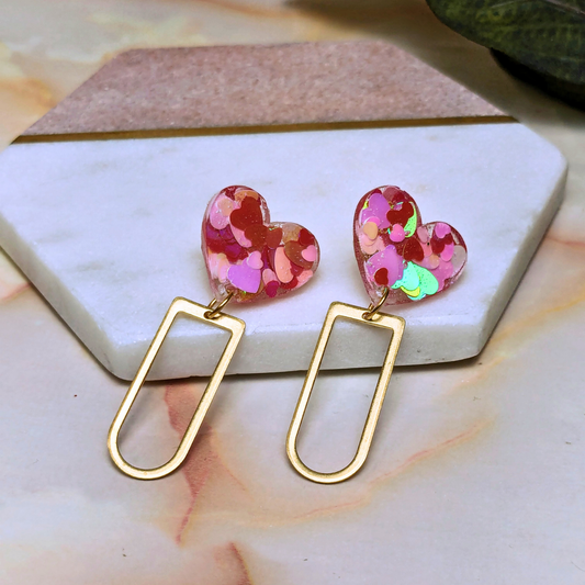 "Candy" Heart Confetti Glitter Heart Earrings with D Charm