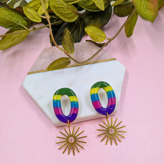"Felecia" Rainbow Oval Polymer Clay Stud Dangle with Sun Brass Charm
