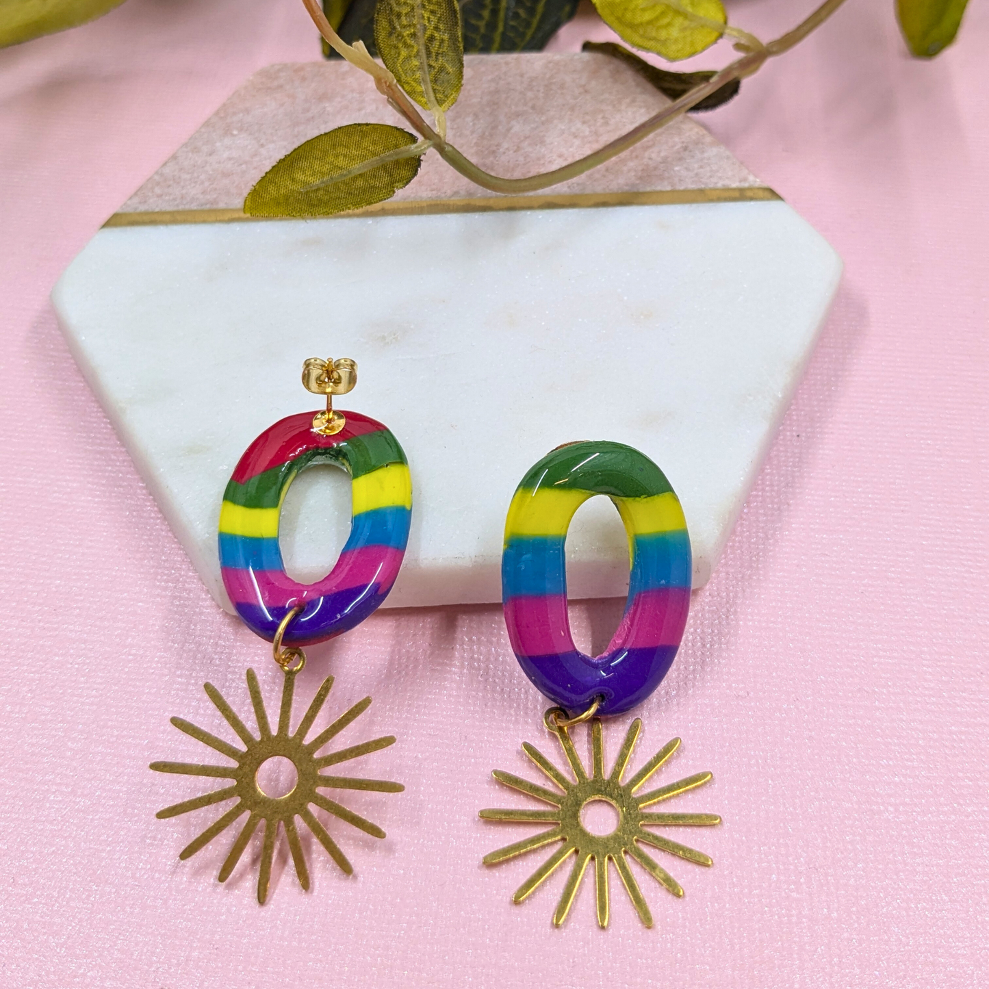 "Felecia" Rainbow Oval Polymer Clay Stud Dangle with Sun Brass Charm