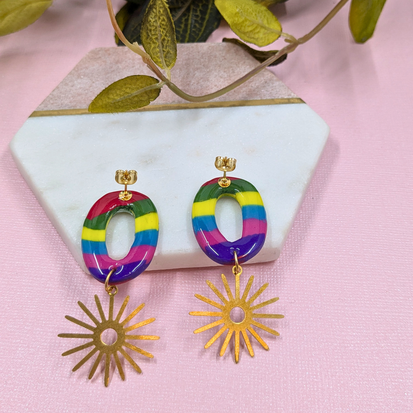 "Felecia" Rainbow Oval Polymer Clay Stud Dangle with Sun Brass Charm