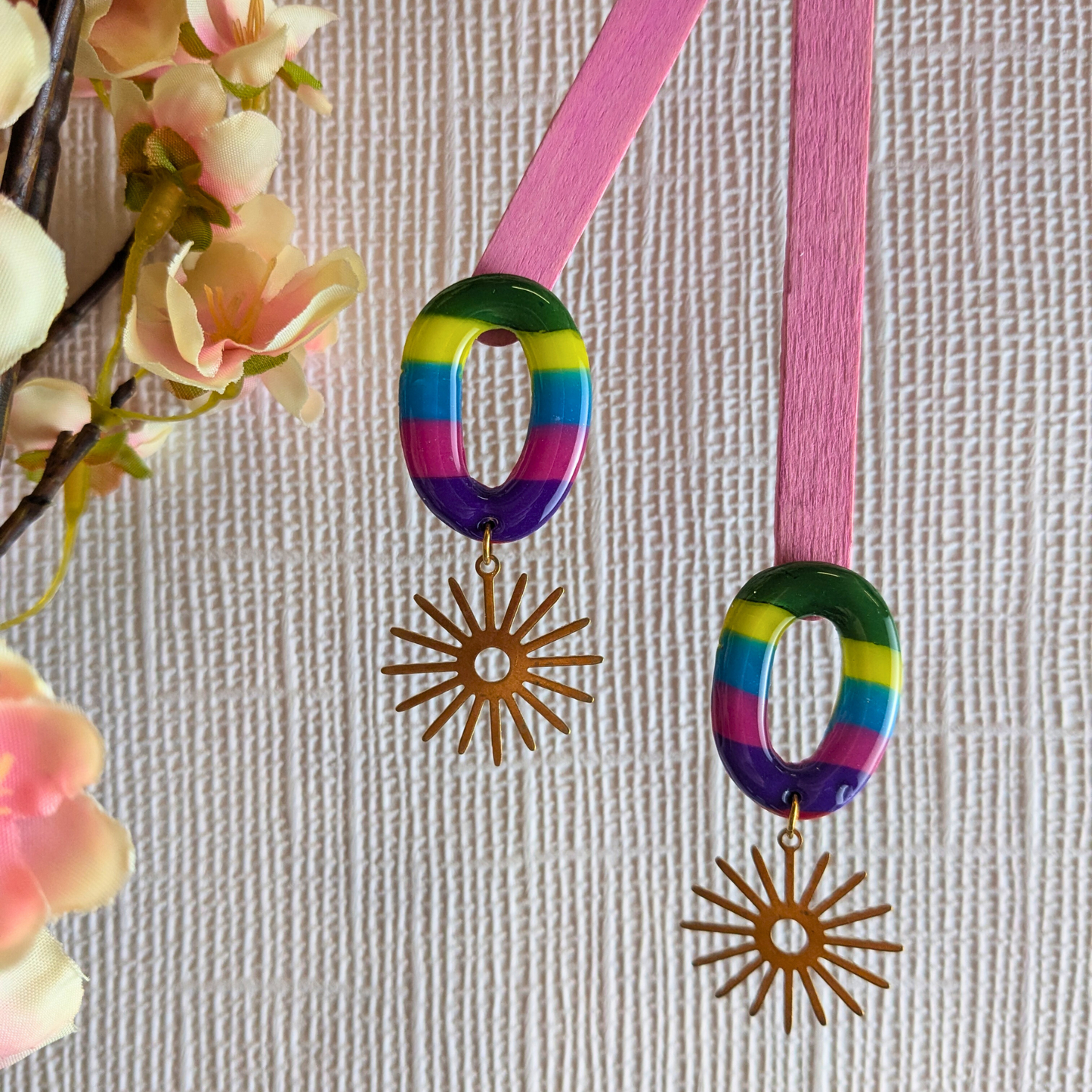 "Felecia" Rainbow Oval Polymer Clay Stud Dangle with Sun Brass Charm