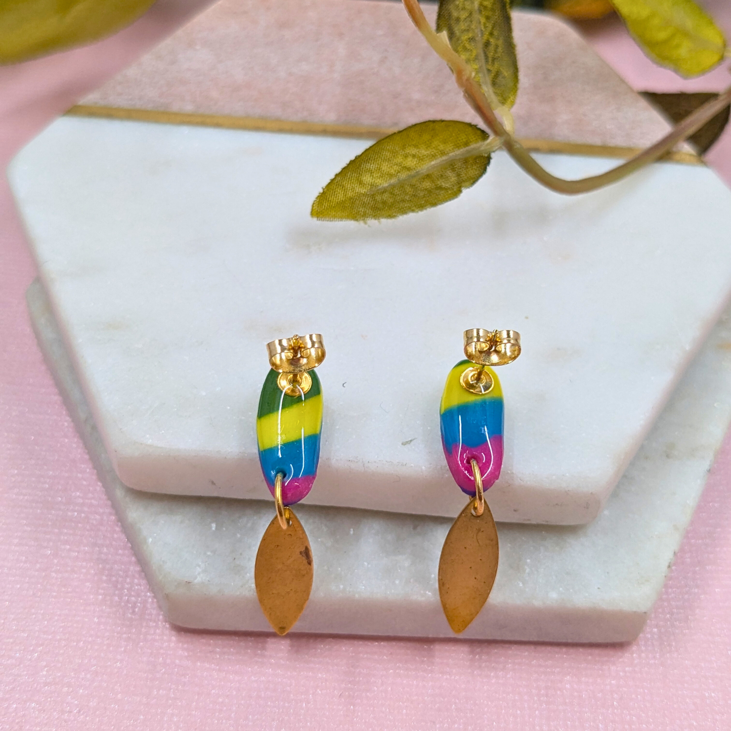 "Jodi" Rainbow Stripe Pattern Small Dangle with Mini Marquise Charm