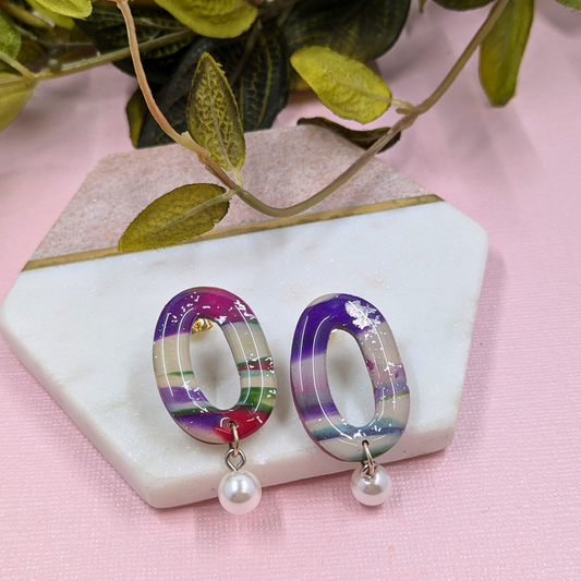 "Felecia" Abstract Pattern Oval Polymer Clay Stud Dangle with Pearl Charm