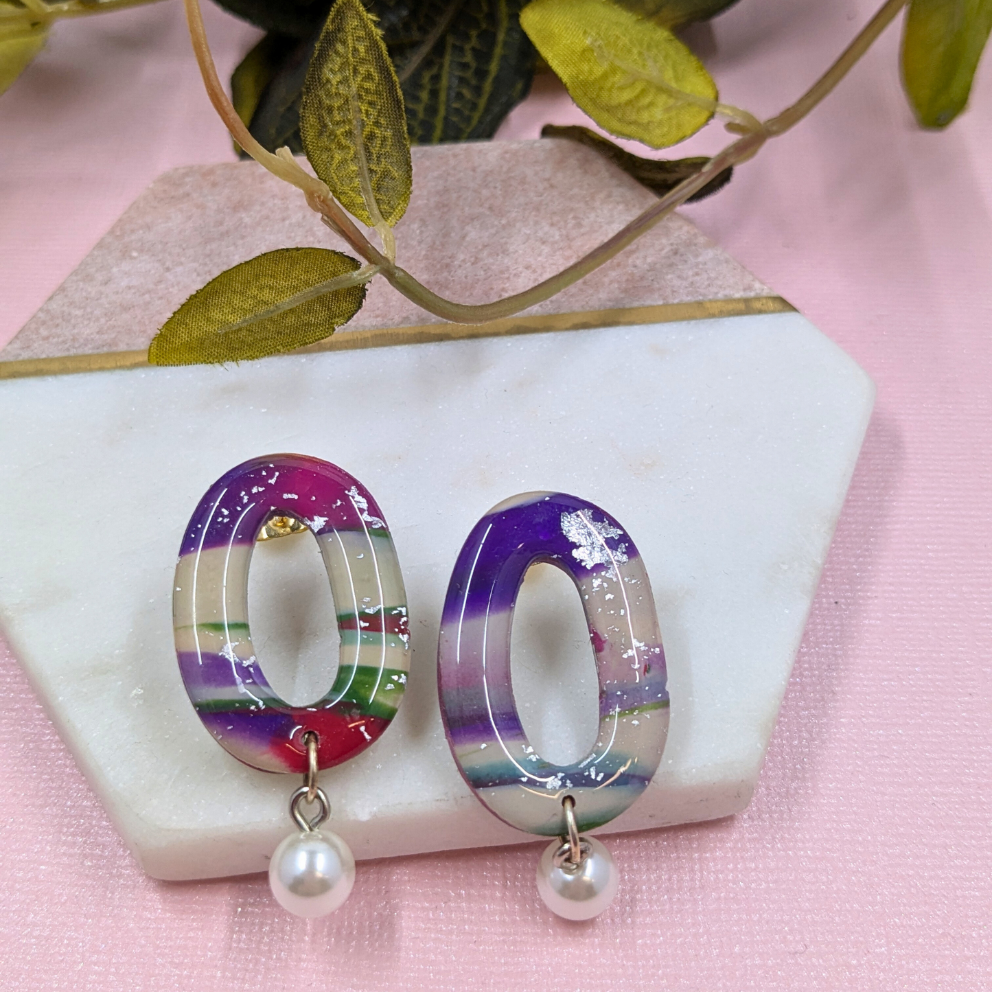 "Felecia" Abstract Pattern Oval Polymer Clay Stud Dangle with Pearl Charm
