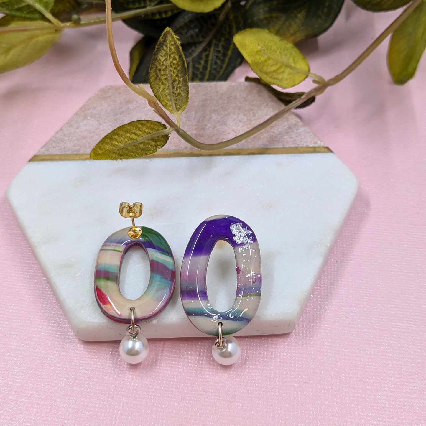 "Felecia" Abstract Pattern Oval Polymer Clay Stud Dangle with Pearl Charm
