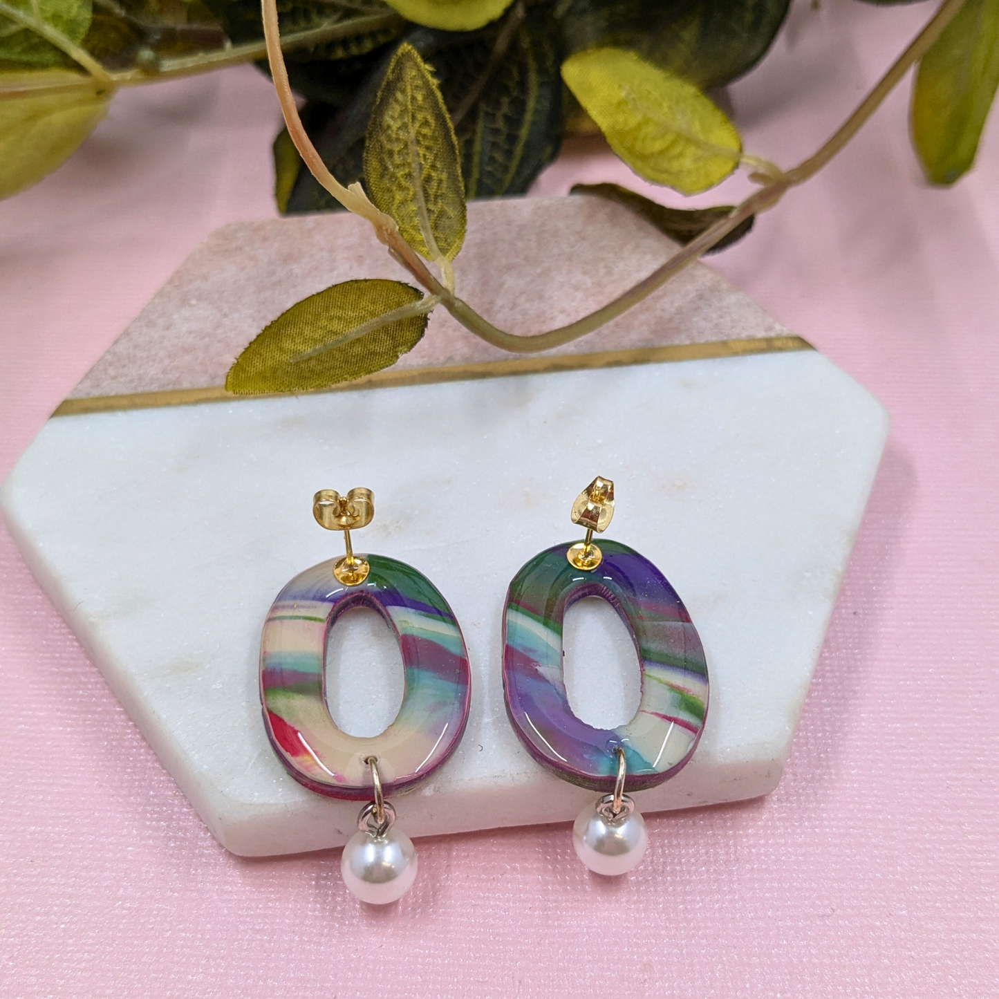 "Felecia" Abstract Pattern Oval Polymer Clay Stud Dangle with Pearl Charm