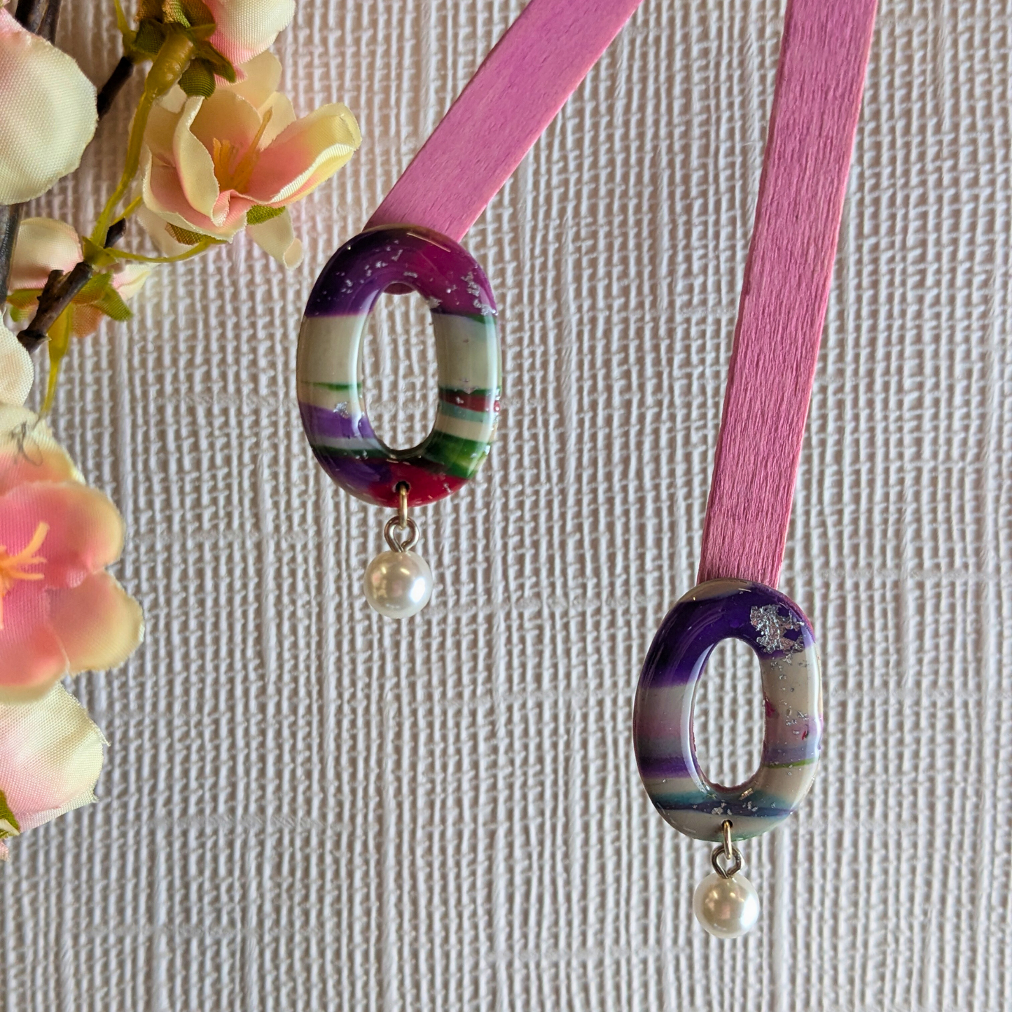 "Felecia" Abstract Pattern Oval Polymer Clay Stud Dangle with Pearl Charm