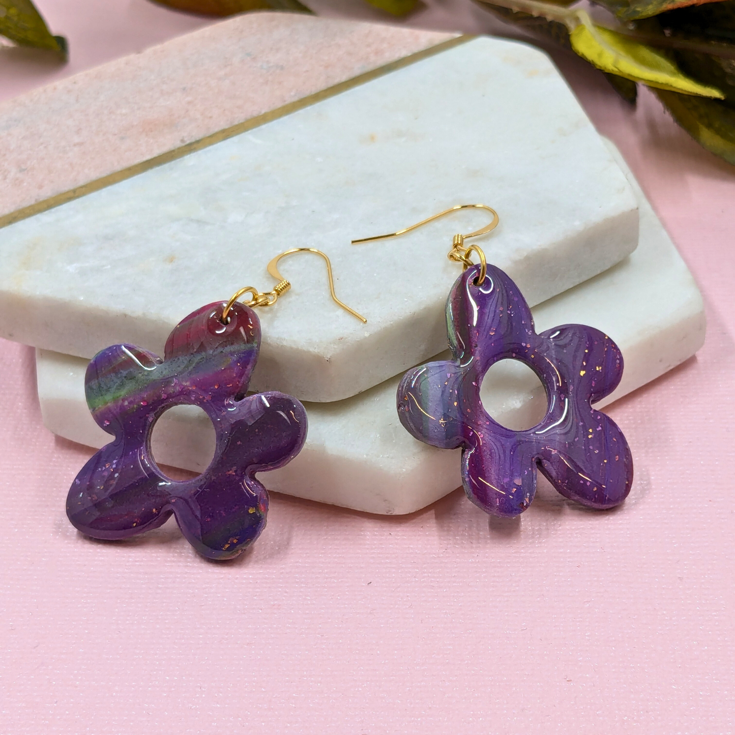 Florence Purple Abstract Flower Polymer Clay Dangle Earrings