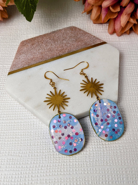 Polymer Clay Earrings - Oval Dangles with Brass Sun Charm