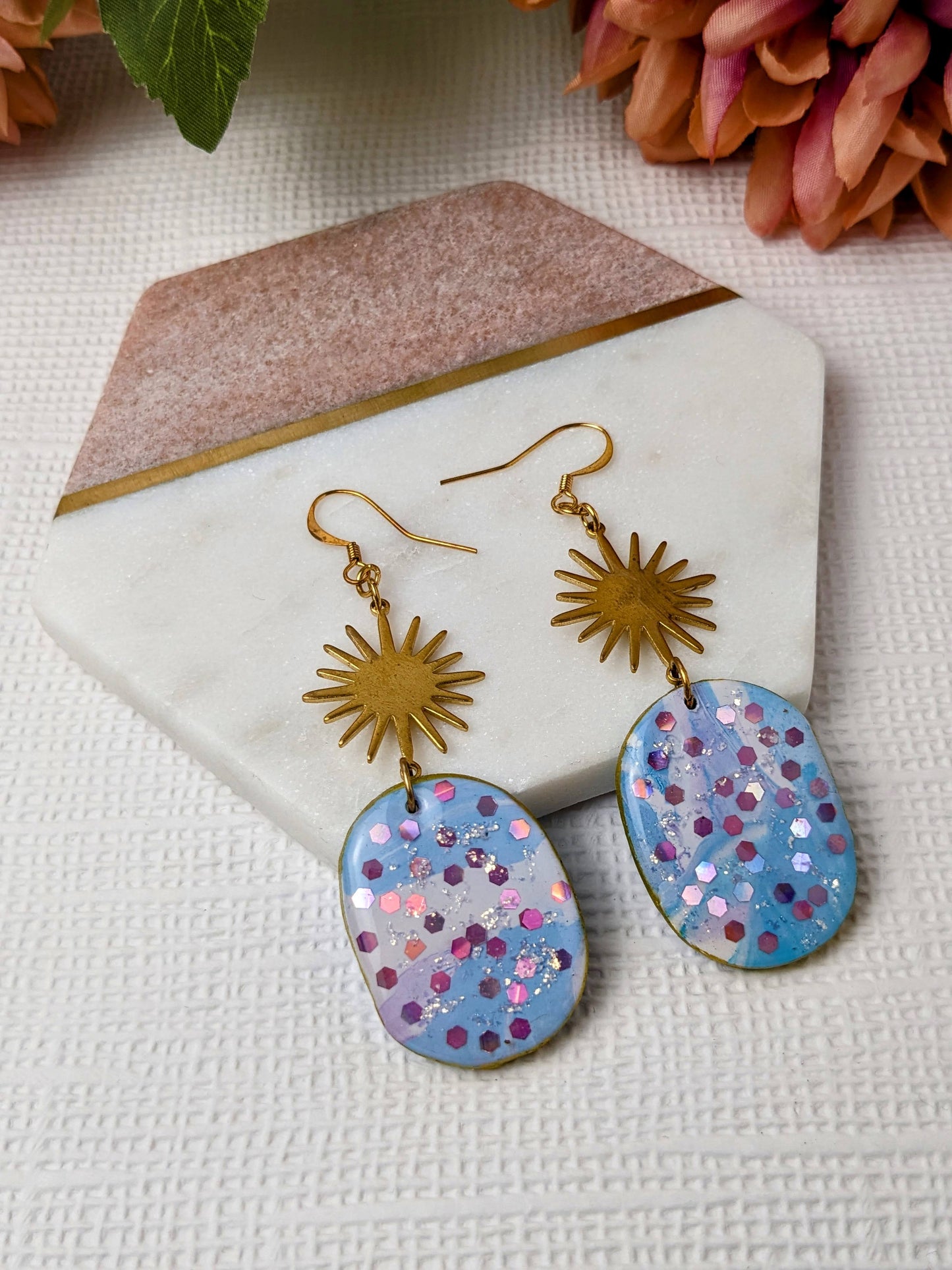 Polymer Clay Earrings - Oval Dangles with Brass Sun Charm
