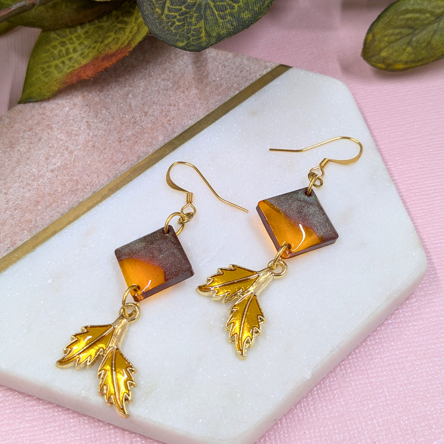 "Amber" Brown Diamond Resin Dangle Earrings with Golden Leaf Charm | Handmade Boho Jewellery