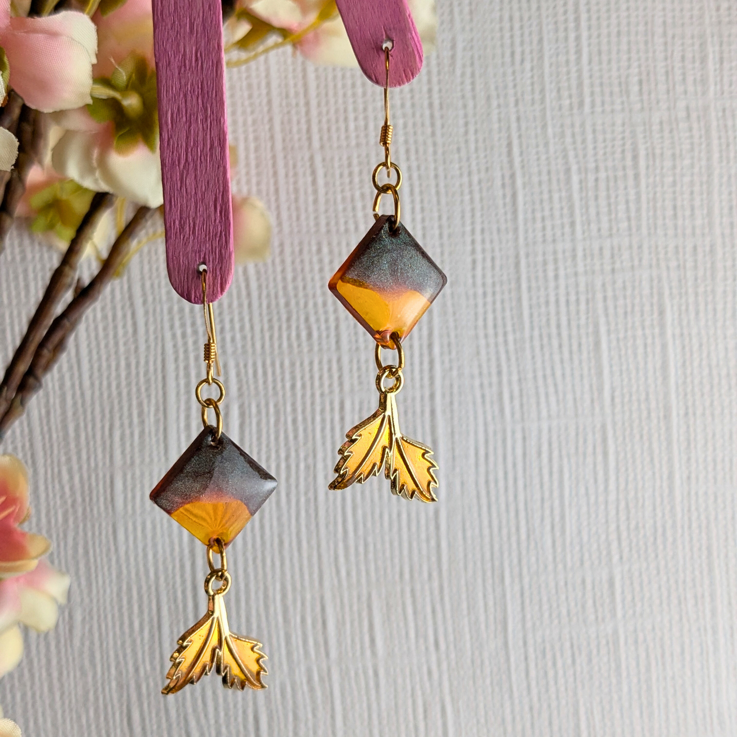 "Amber" Brown Diamond Resin Dangle Earrings with Golden Leaf Charm | Handmade Boho Jewellery