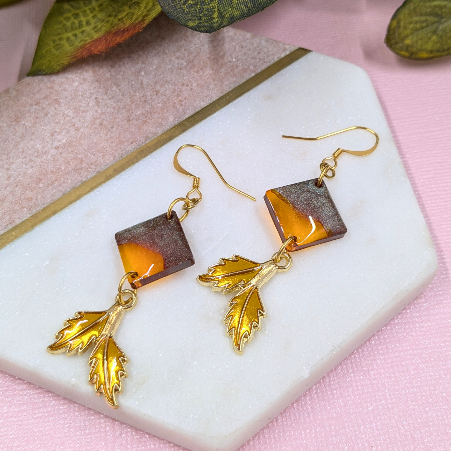 "Amber" Brown Diamond Resin Dangle Earrings with Golden Leaf Charm | Handmade Boho Jewellery