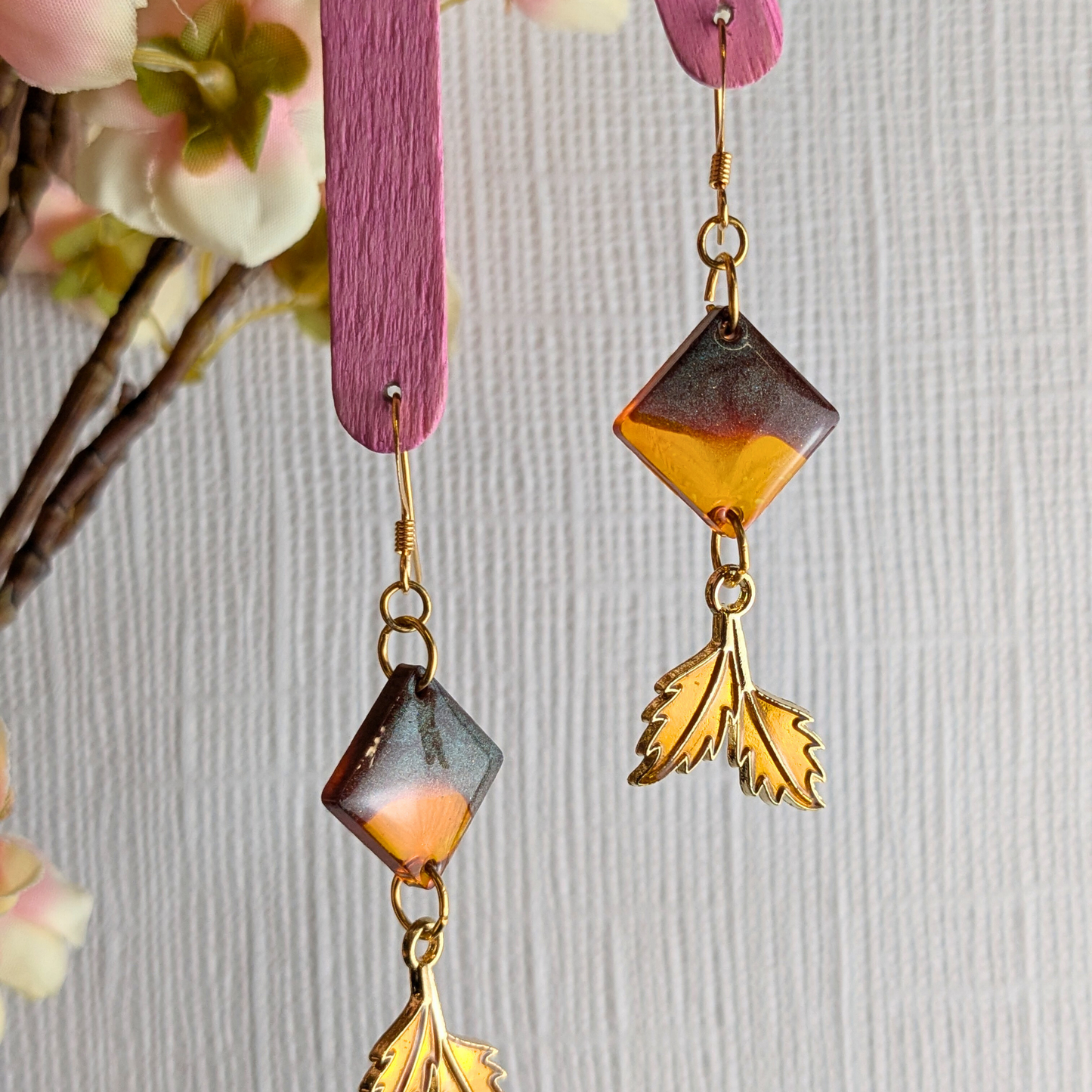 "Amber" Brown Diamond Resin Dangle Earrings with Golden Leaf Charm | Handmade Boho Jewellery