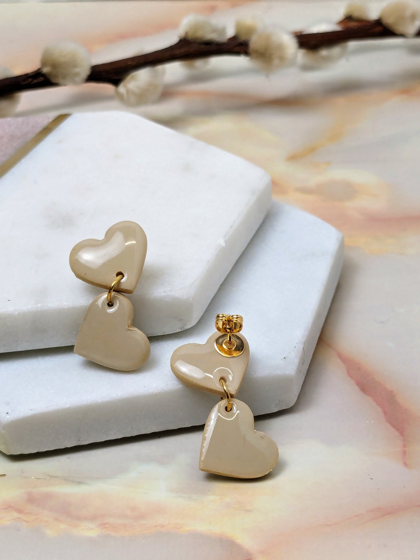 Amy Dangle Earrings - 2 Heart Polymer Clay Mini Dangles - Handmade Yorkshire