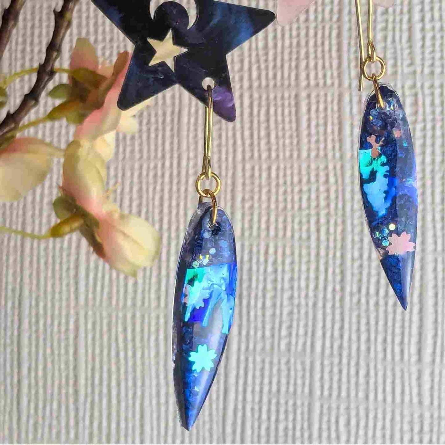 Aurelia Blue Flower Iridescent Dangle Earrings - Handmade Floral UK Jewellery