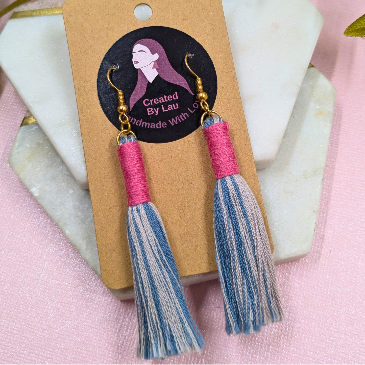 Aurora Blue & Pink Wrap Tassel Earrings - Gold Plated Handmade UK