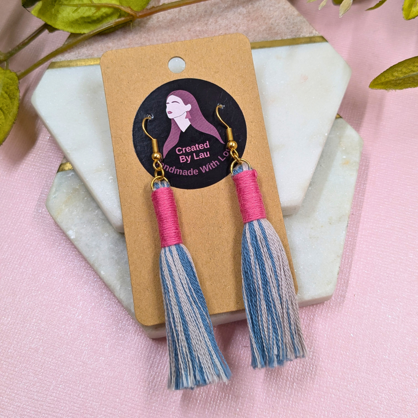 Aurora Blue & Pink Wrap Tassel Earrings - Gold Plated Handmade UK