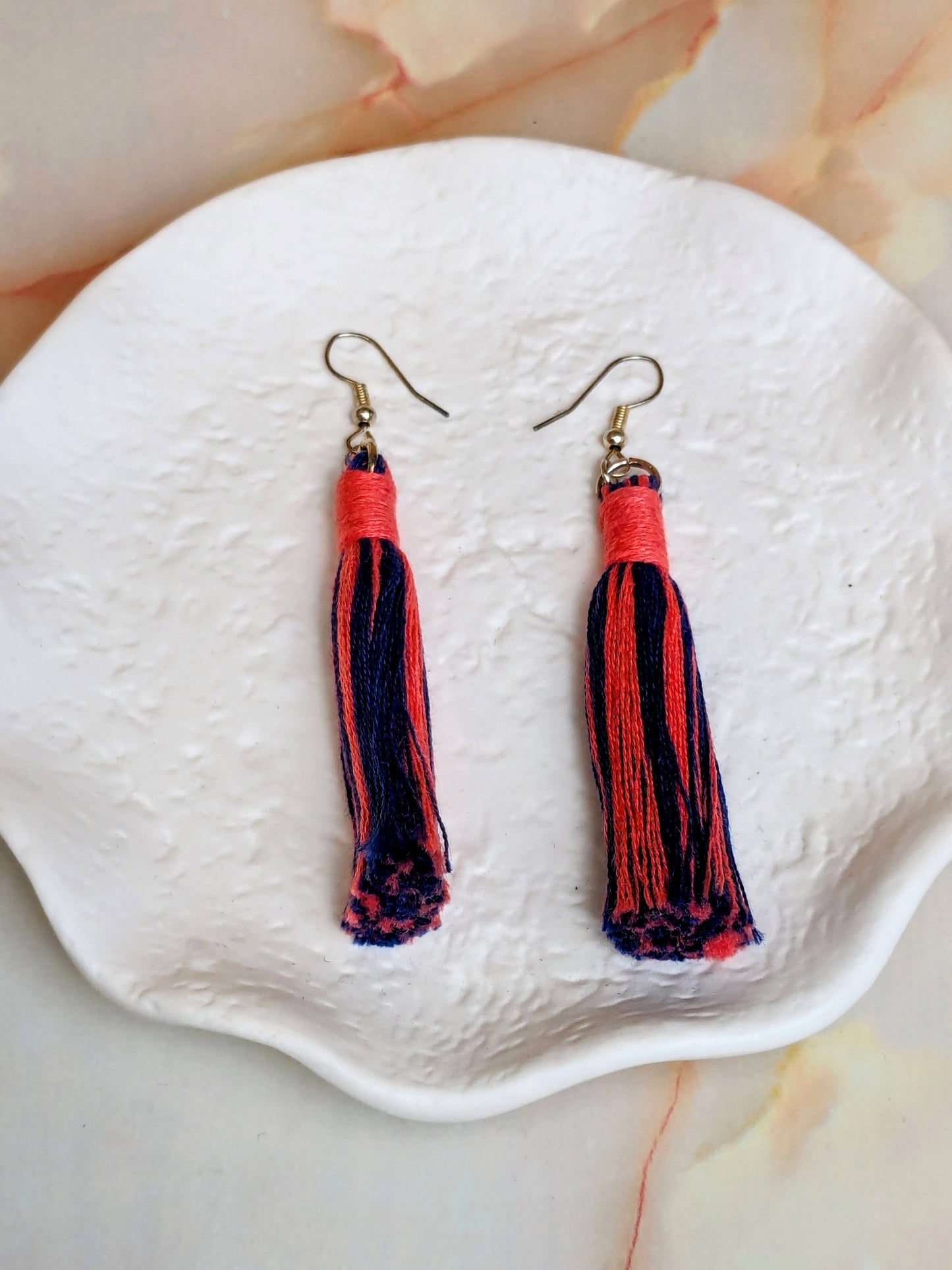 "Aurora " Coral and Indigo with Coral Contrast Wrap Tassel Earrings