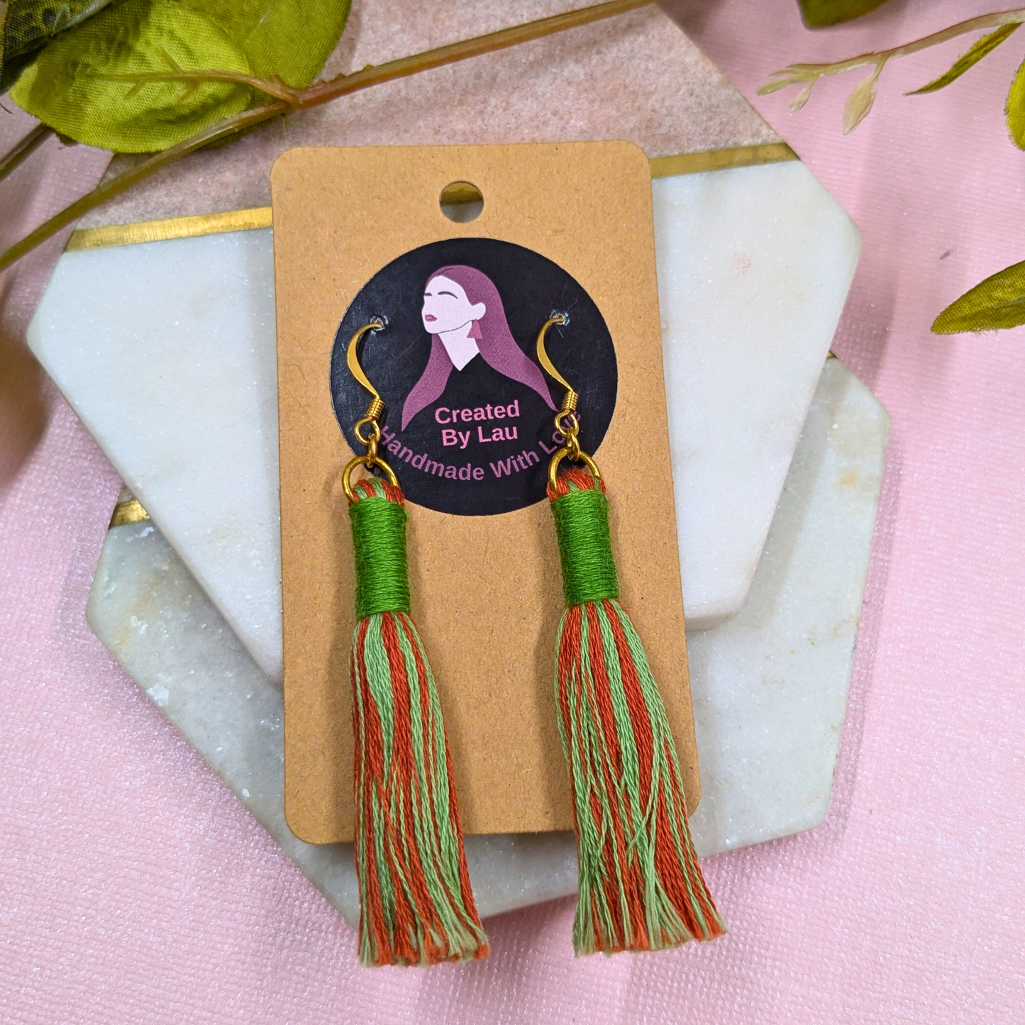 "Aurora" Leaf Green & Burnt Orange with Leaf Green Contrast Wrap Tassel Earrings