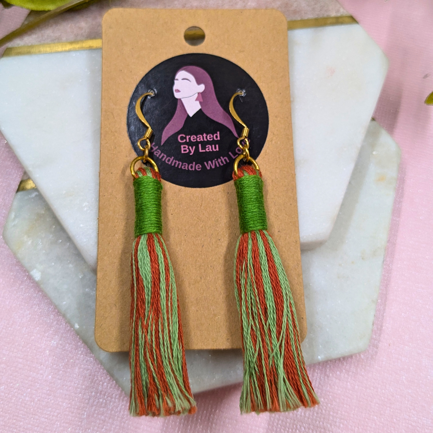 "Aurora" Leaf Green & Burnt Orange with Leaf Green Contrast Wrap Tassel Earrings
