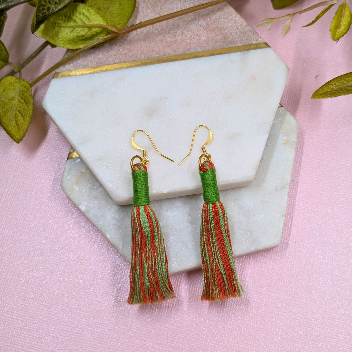 "Aurora" Leaf Green & Burnt Orange with Leaf Green Contrast Wrap Tassel Earrings