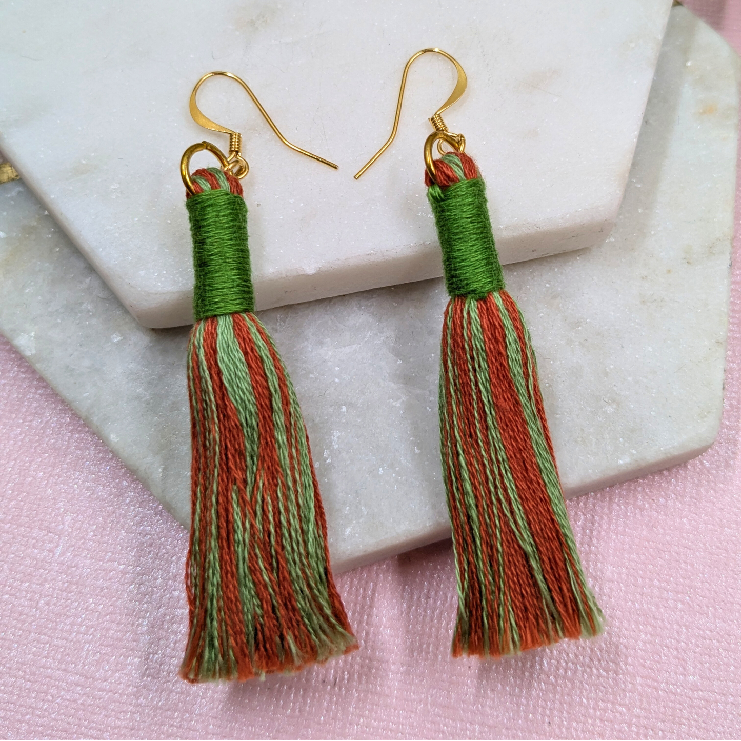 "Aurora" Leaf Green & Burnt Orange with Leaf Green Contrast Wrap Tassel Earrings