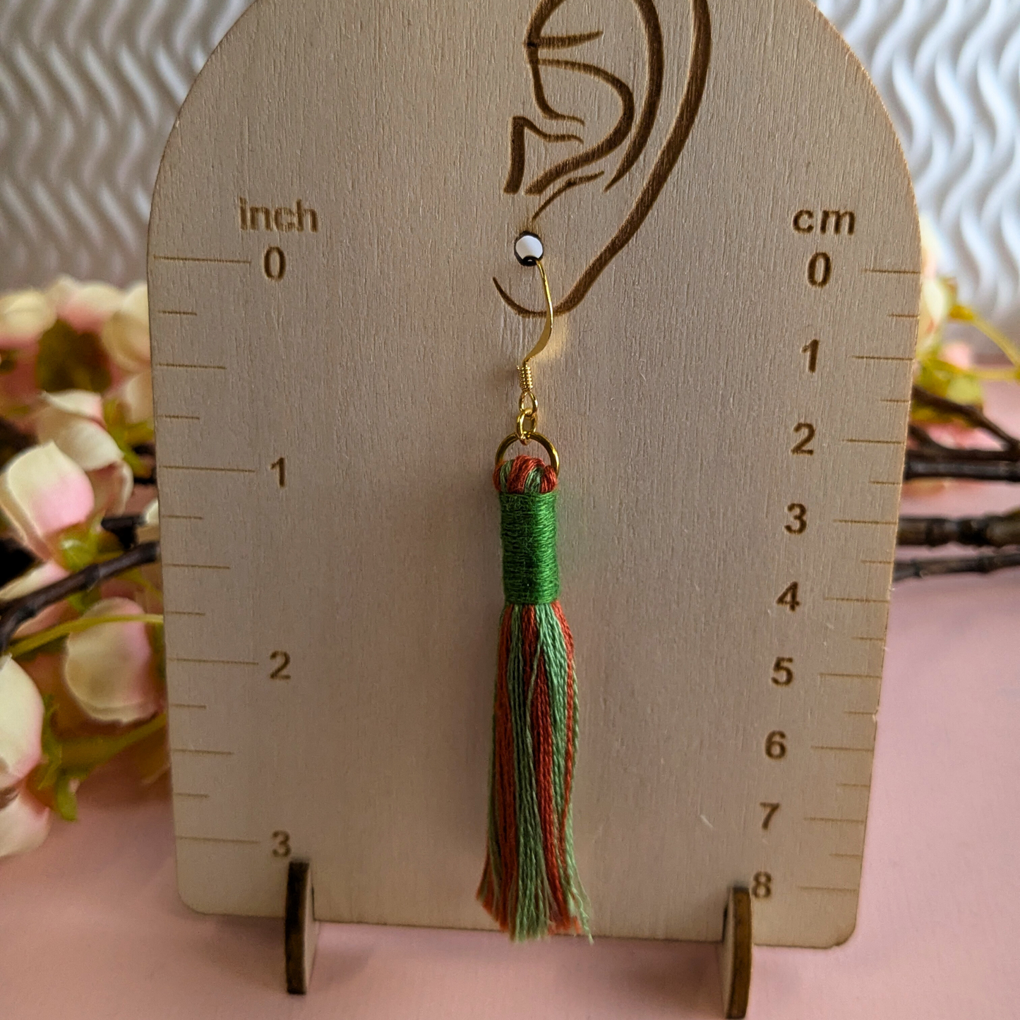 "Aurora" Leaf Green & Burnt Orange with Leaf Green Contrast Wrap Tassel Earrings