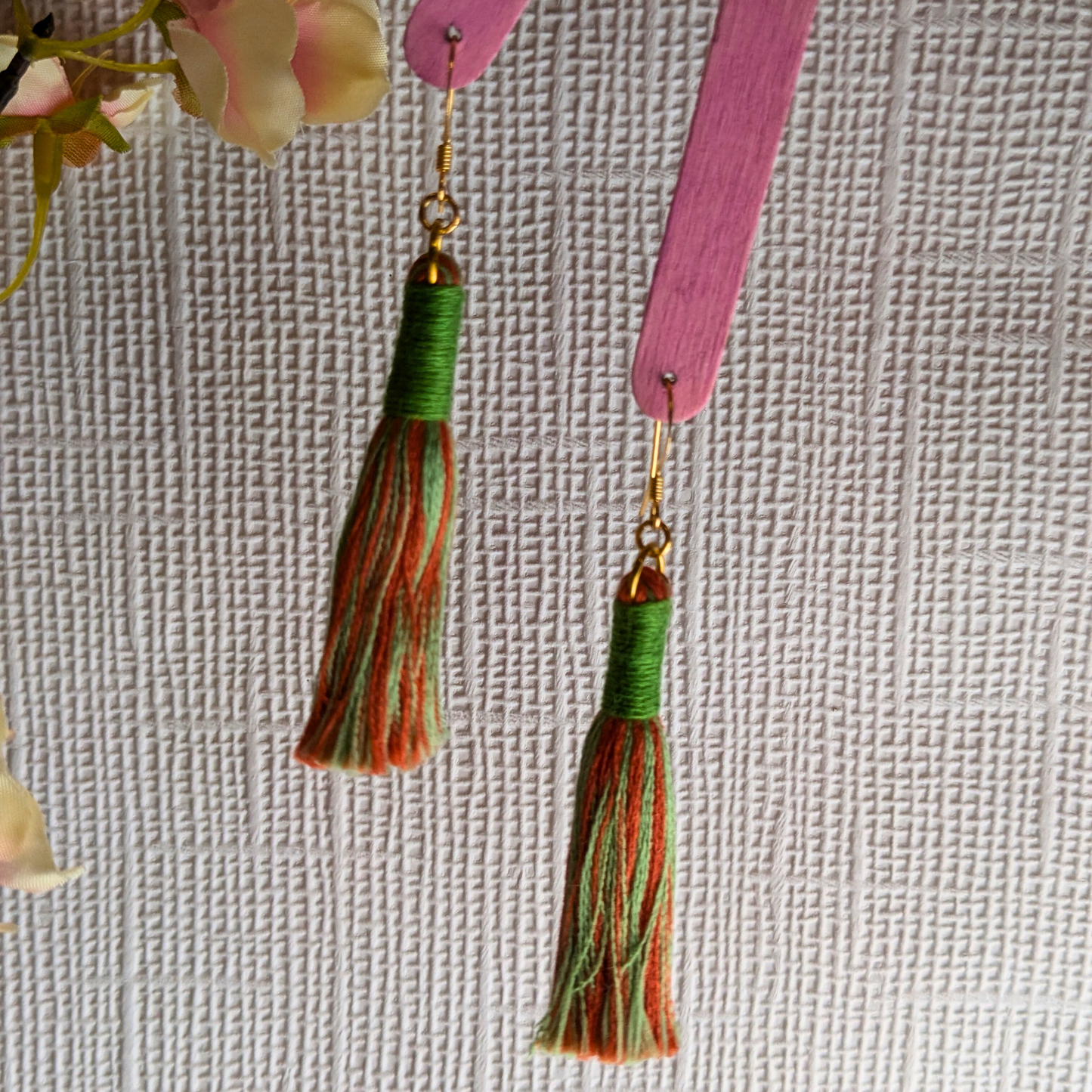 "Aurora" Leaf Green & Burnt Orange with Leaf Green Contrast Wrap Tassel Earrings