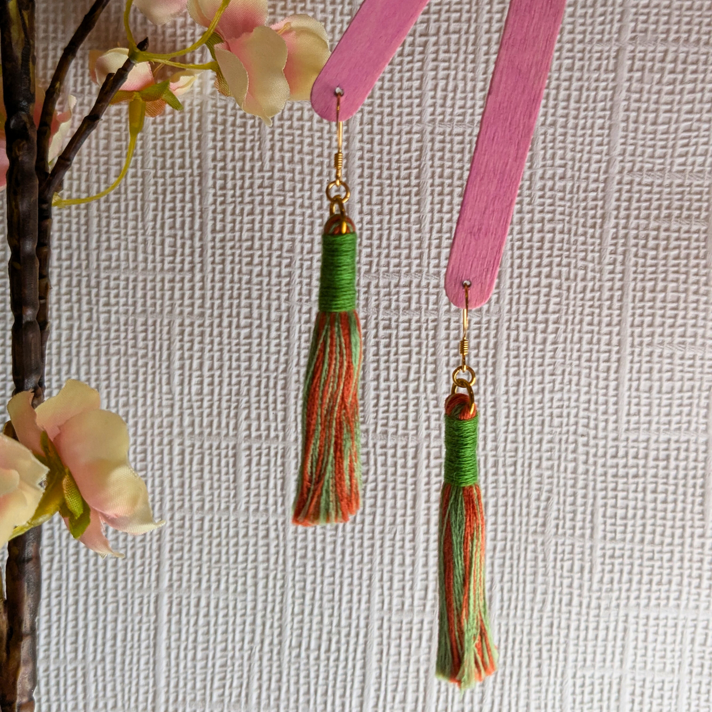 "Aurora" Leaf Green & Burnt Orange with Leaf Green Contrast Wrap Tassel Earrings