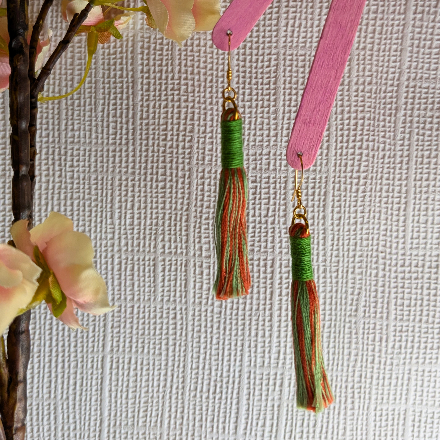"Aurora" Leaf Green & Burnt Orange with Leaf Green Contrast Wrap Tassel Earrings