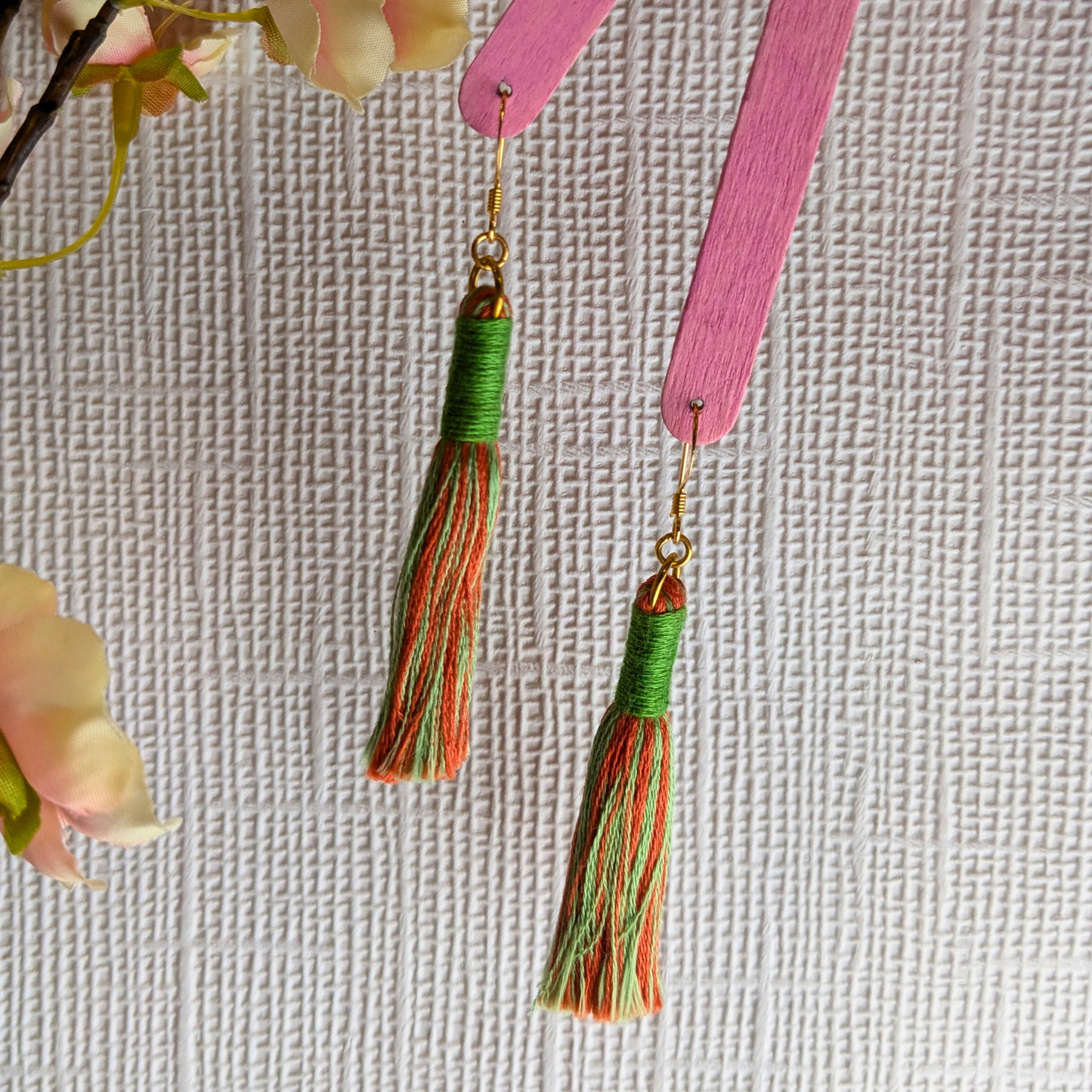 "Aurora" Leaf Green & Burnt Orange with Leaf Green Contrast Wrap Tassel Earrings