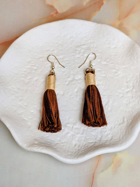 Tassel Earrings Brown Mix with Beige Contrast Wrap