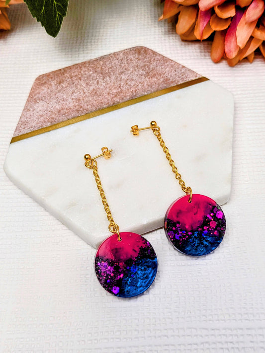 Resin Dangle Earrings in Pink, Blue & Glitter Chain Drop