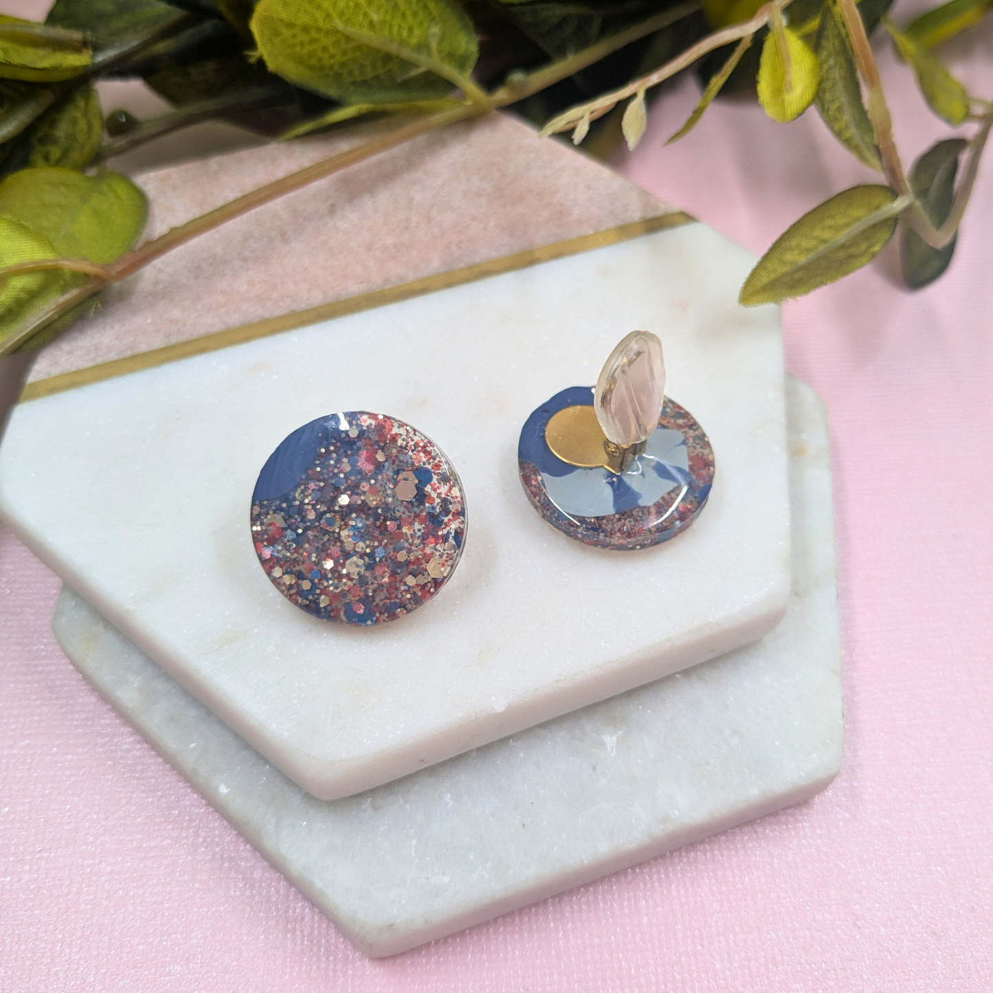 Bailey Blue Glitter Circle Clip-On Earrings | Vegan Resin Jewellery by Created By Lau