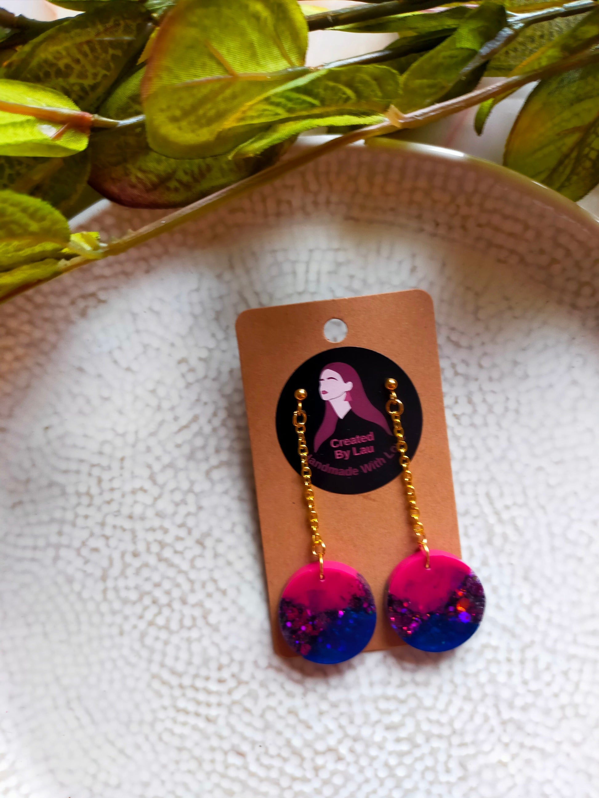 Resin Dangle Earrings in Pink, Blue & Glitter Chain Drop