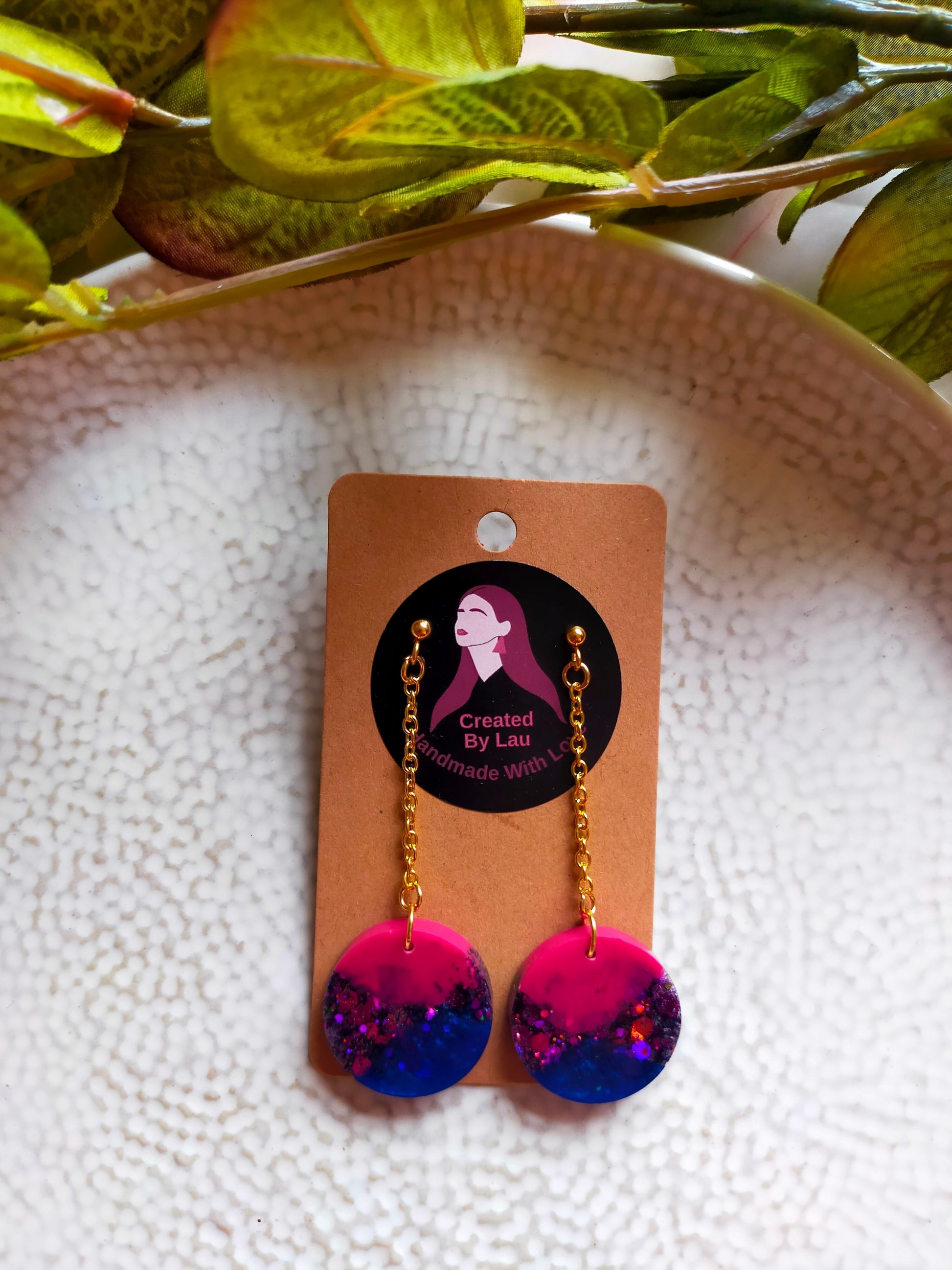 Resin Dangle Earrings in Pink, Blue & Glitter Chain Drop