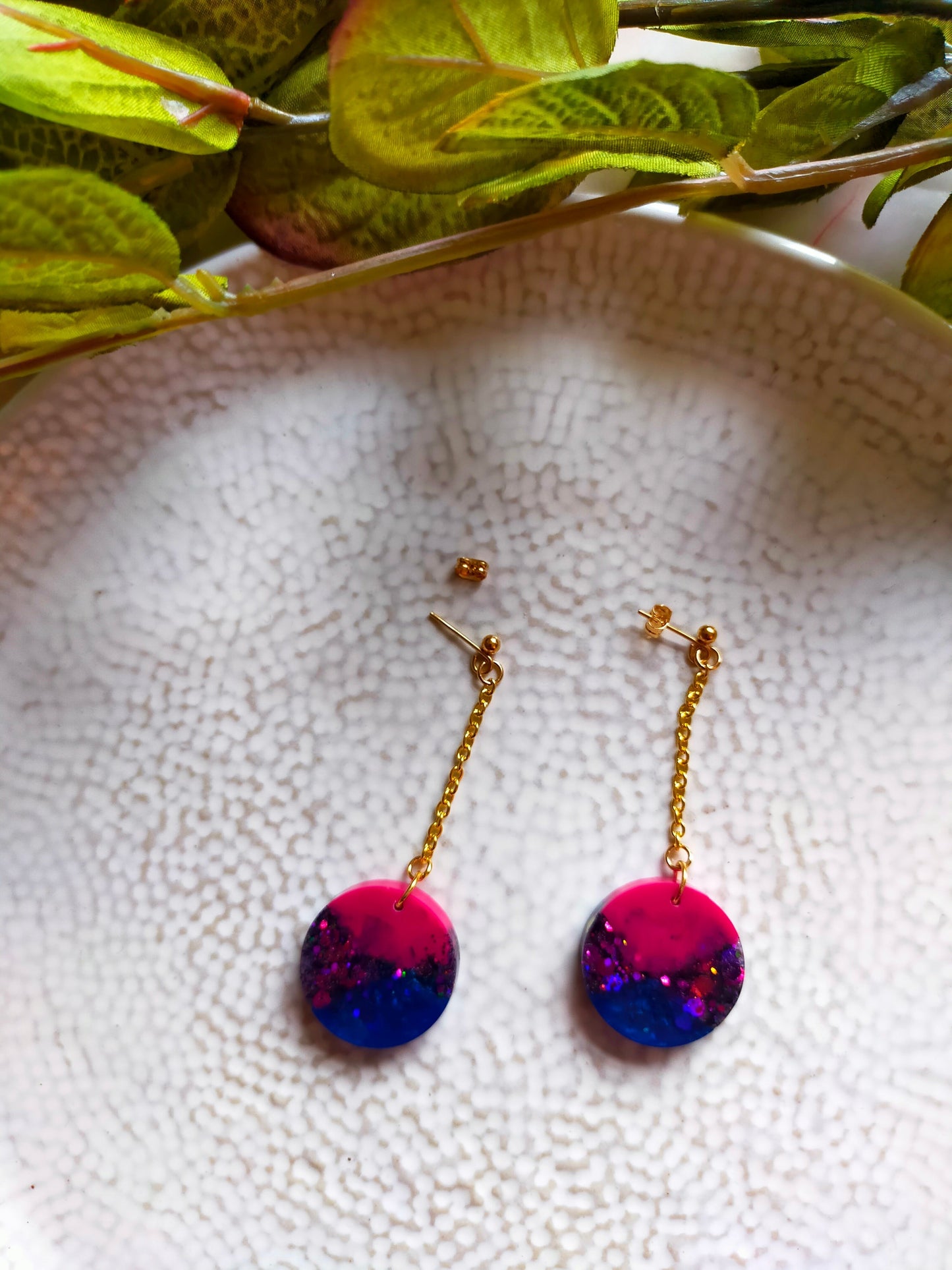Resin Dangle Earrings in Pink, Blue & Glitter Chain Drop