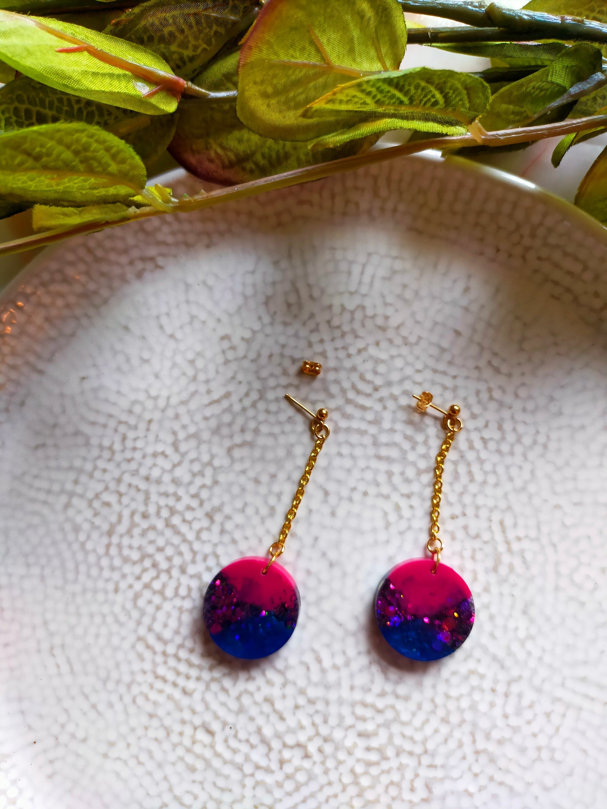 Resin Dangle Earrings in Pink, Blue & Glitter Chain Drop