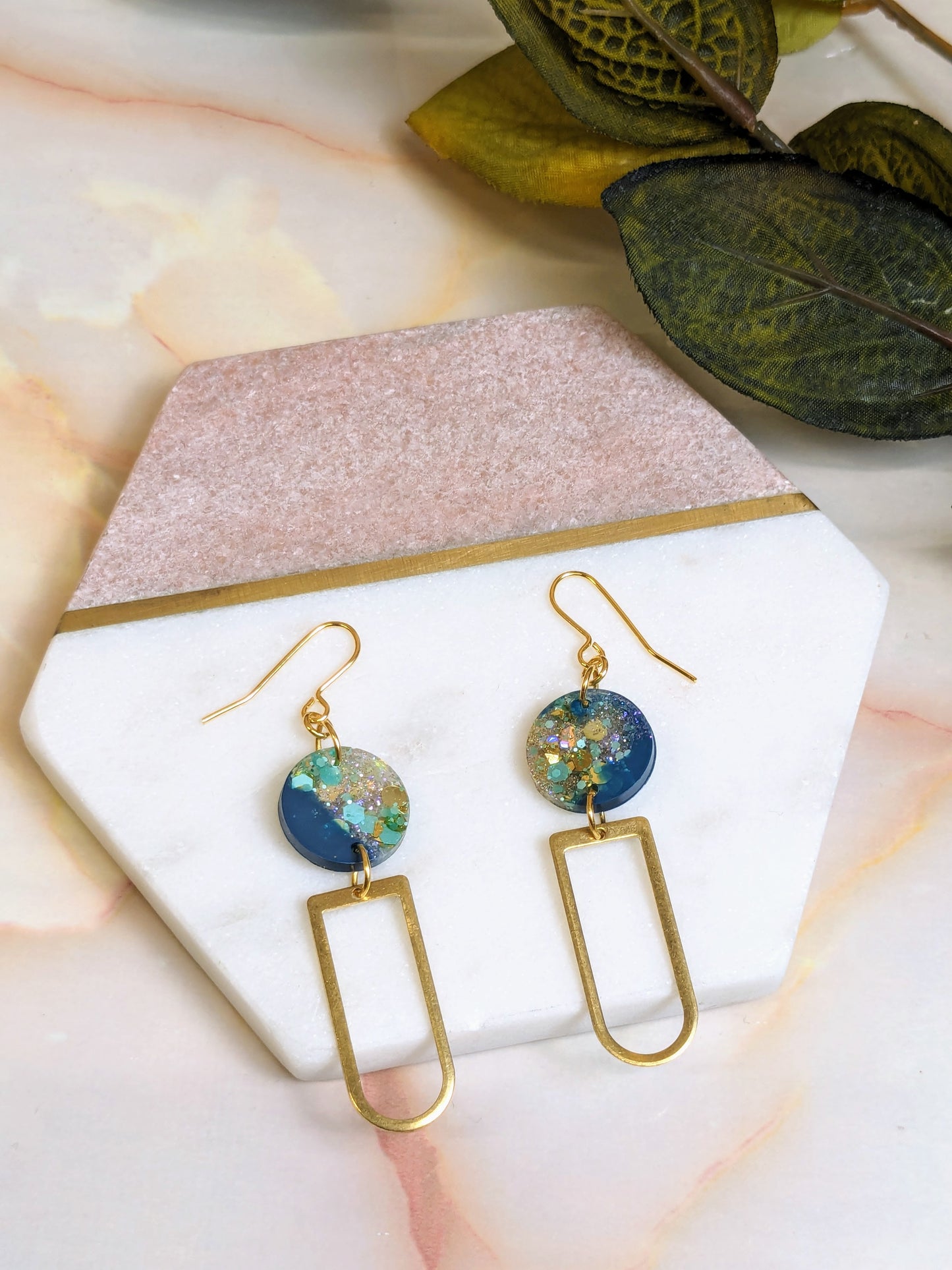"Beatrice" Teal Glitter Circle Dangle Earrings with Long D Brass Charm