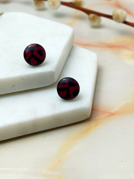 Polymer Clay Small Stud Earrings in Wine & Black Check Heart Design