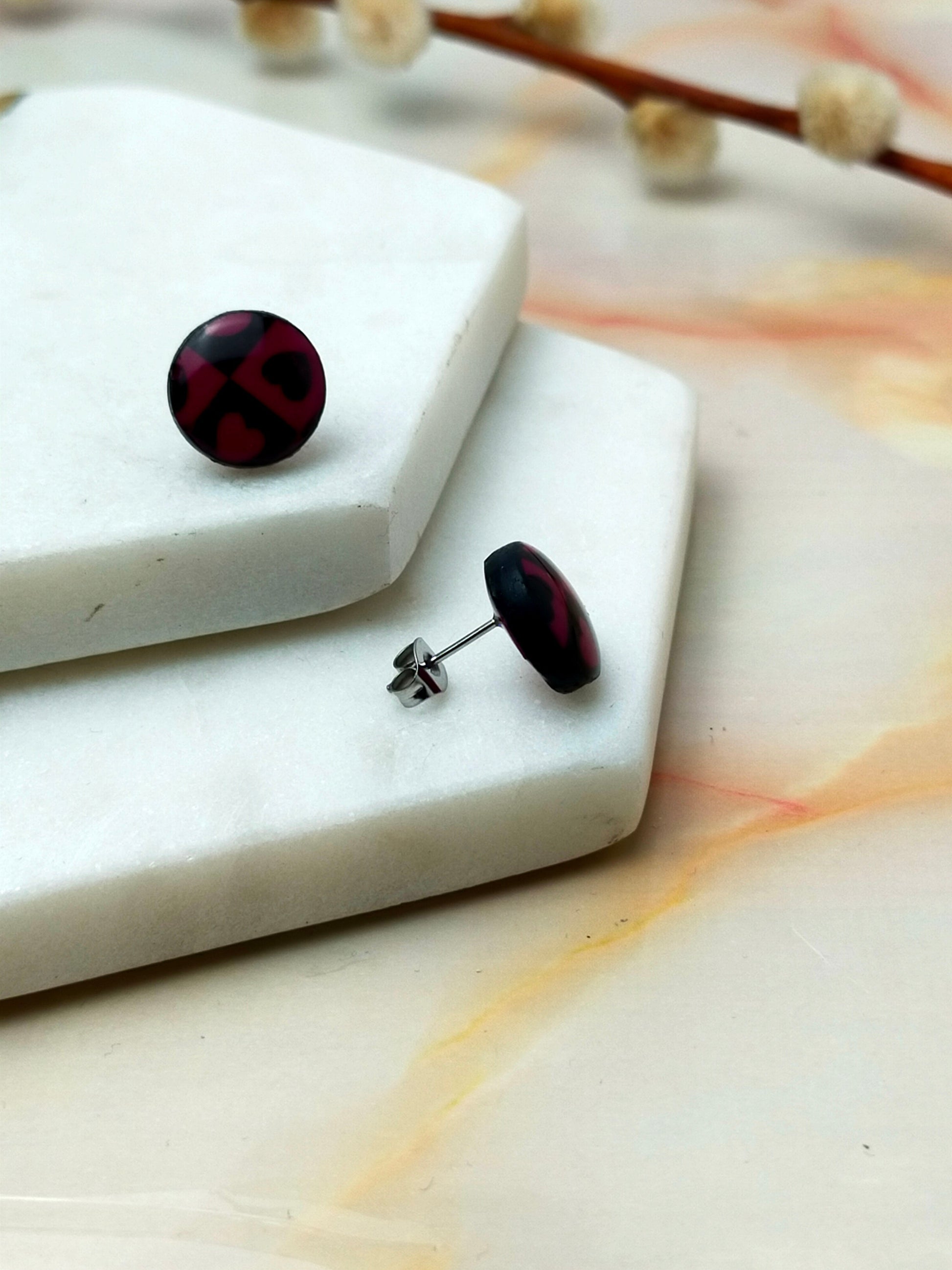 Polymer Clay Small Stud Earrings in Wine & Black Check Heart Design