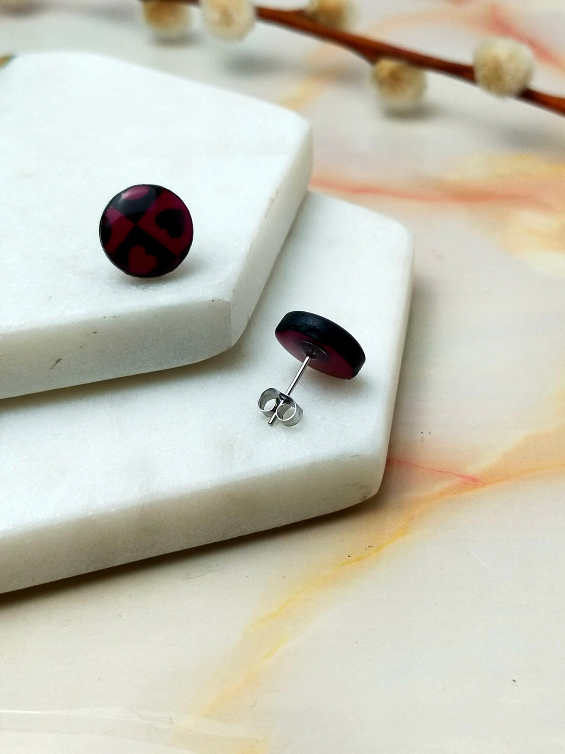 Polymer Clay Small Stud Earrings in Wine & Black Check Heart Design